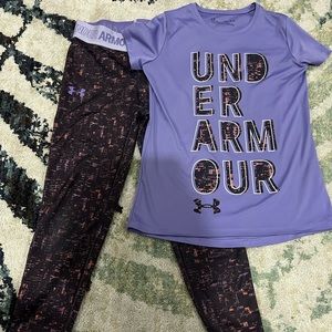 Under Armour, youth medium, dry fit t-shirt and yoga capris